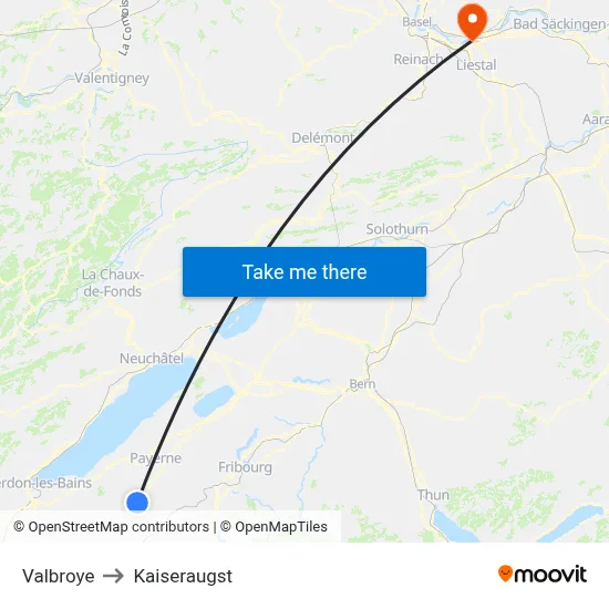 Valbroye to Kaiseraugst map