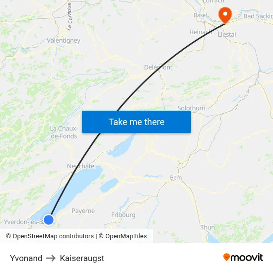 Yvonand to Kaiseraugst map
