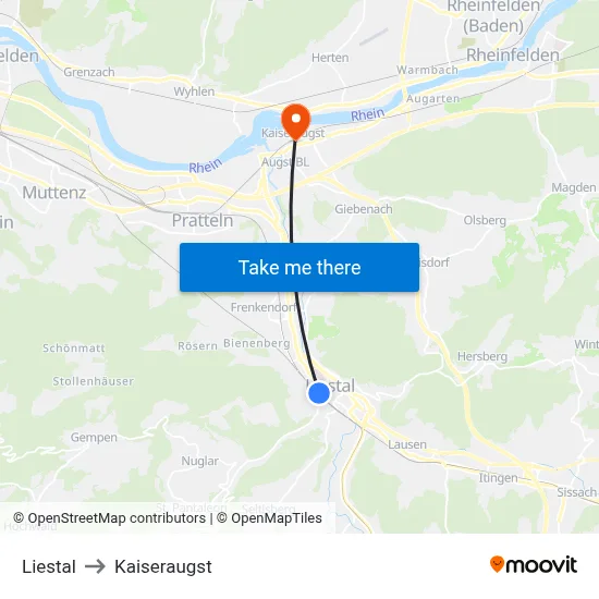 Liestal to Kaiseraugst map