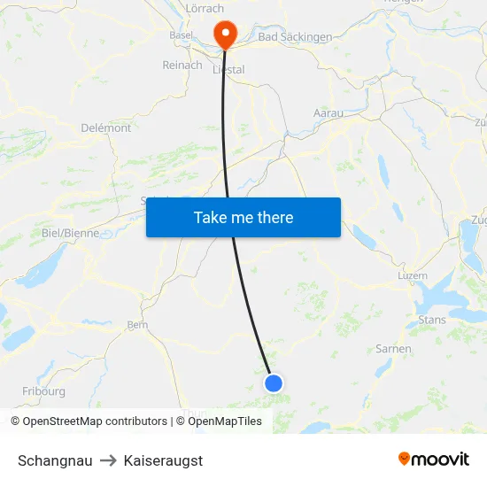 Schangnau to Kaiseraugst map
