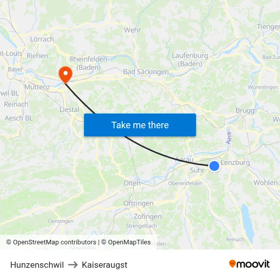 Hunzenschwil to Kaiseraugst map
