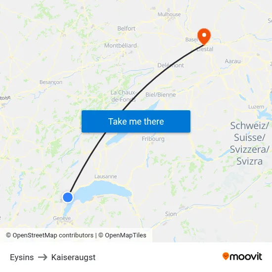 Eysins to Kaiseraugst map