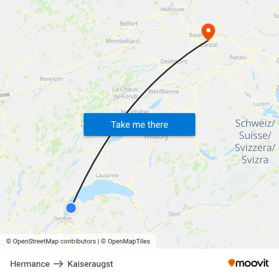 Hermance to Kaiseraugst map