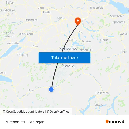 Bürchen to Hedingen map