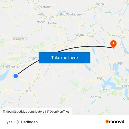 Lyss to Hedingen map