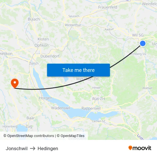 Jonschwil to Hedingen map