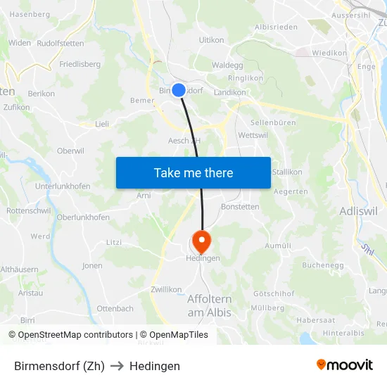 Birmensdorf (Zh) to Hedingen map