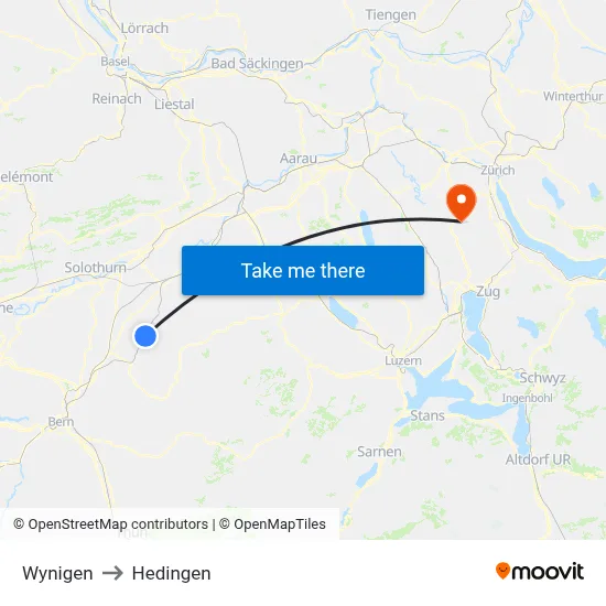 Wynigen to Hedingen map