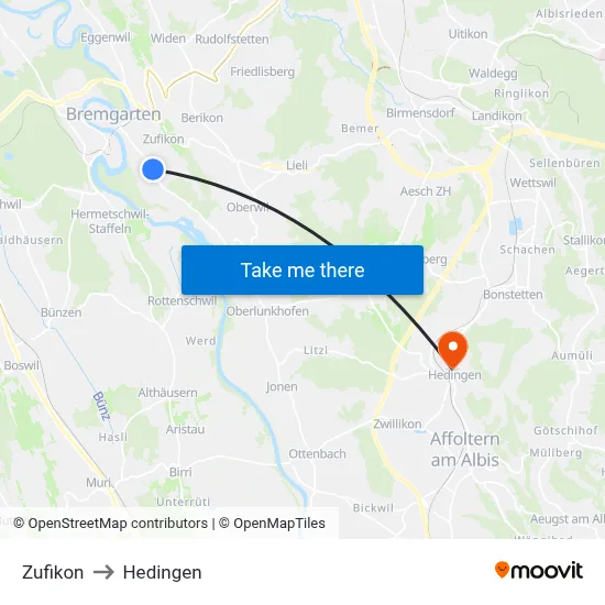 Zufikon to Hedingen map