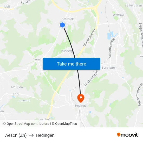 Aesch (Zh) to Hedingen map