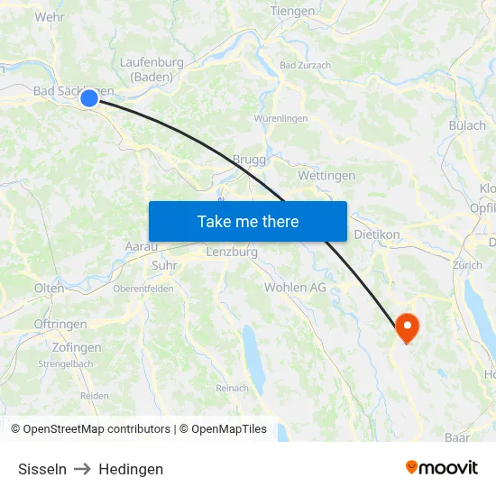 Sisseln to Hedingen map