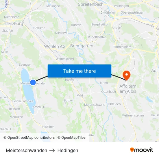 Meisterschwanden to Hedingen map