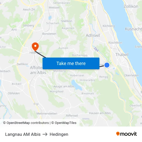 Langnau AM Albis to Hedingen map