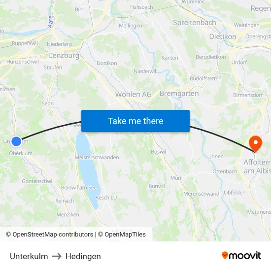 Unterkulm to Hedingen map