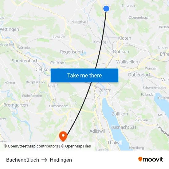 Bachenbülach to Hedingen map