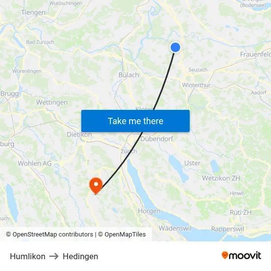 Humlikon to Hedingen map