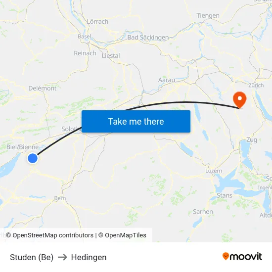 Studen (Be) to Hedingen map