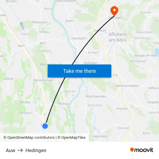 Auw to Hedingen map