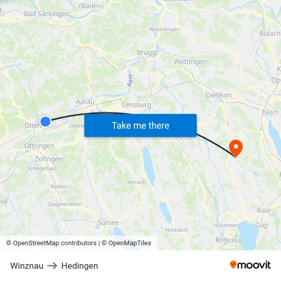Winznau to Hedingen map