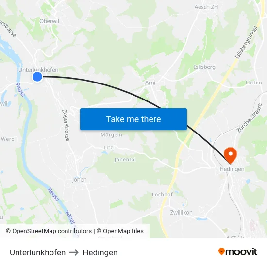 Unterlunkhofen to Hedingen map
