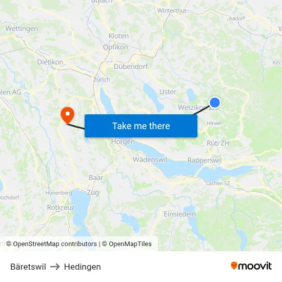 Bäretswil to Hedingen map