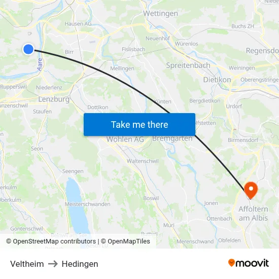 Veltheim to Hedingen map