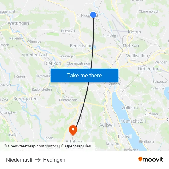 Niederhasli to Hedingen map