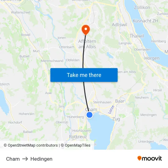 Cham to Hedingen map
