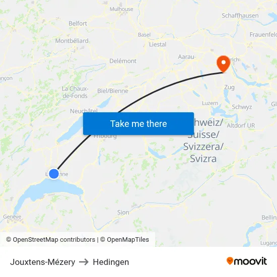 Jouxtens-Mézery to Hedingen map