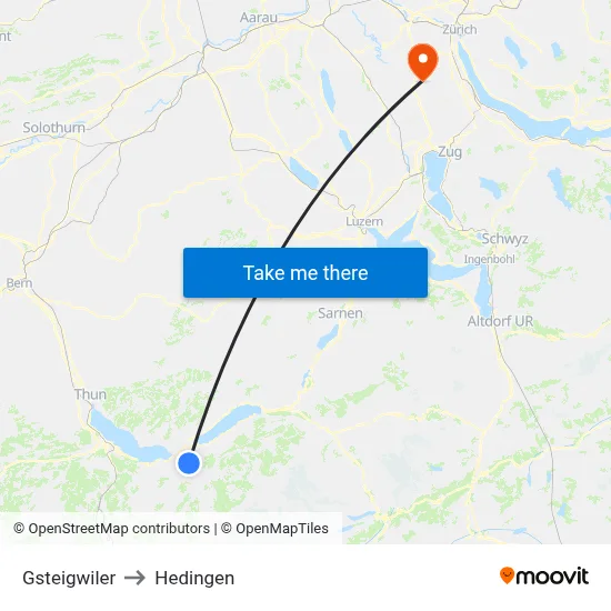 Gsteigwiler to Hedingen map