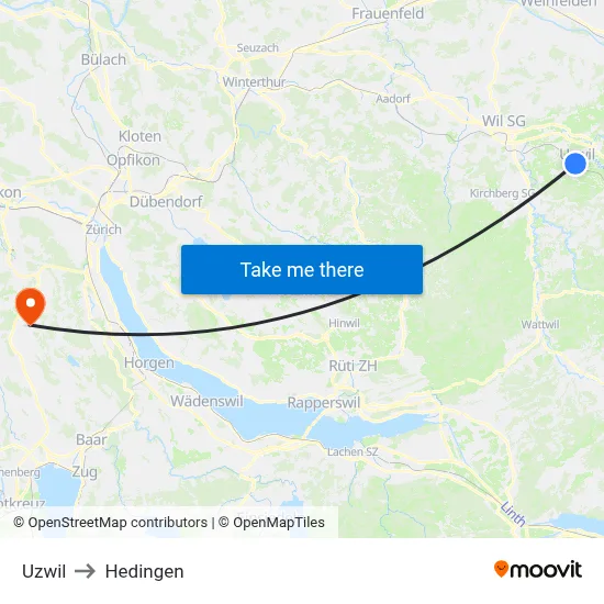 Uzwil to Hedingen map