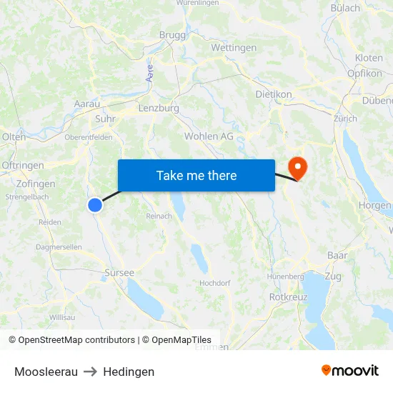 Moosleerau to Hedingen map