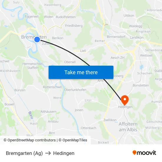 Bremgarten (Ag) to Hedingen map