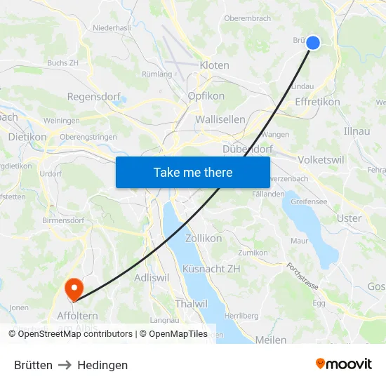 Brütten to Hedingen map