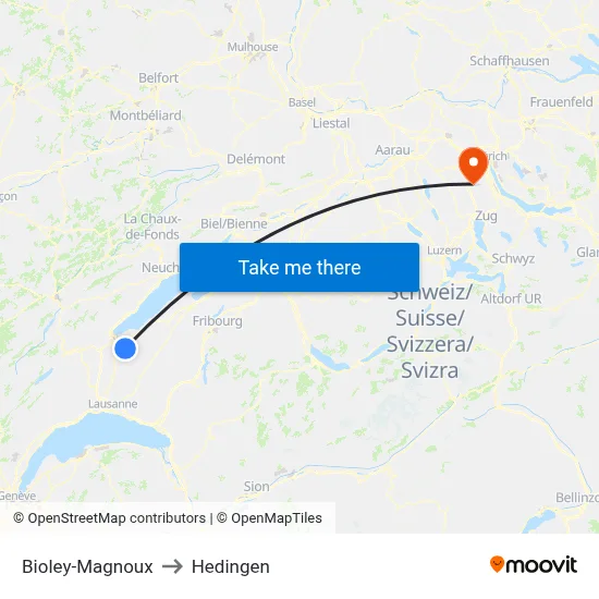 Bioley-Magnoux to Hedingen map