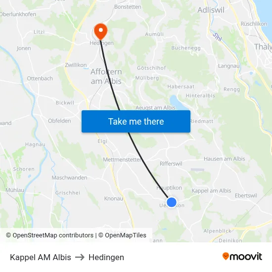 Kappel AM Albis to Hedingen map
