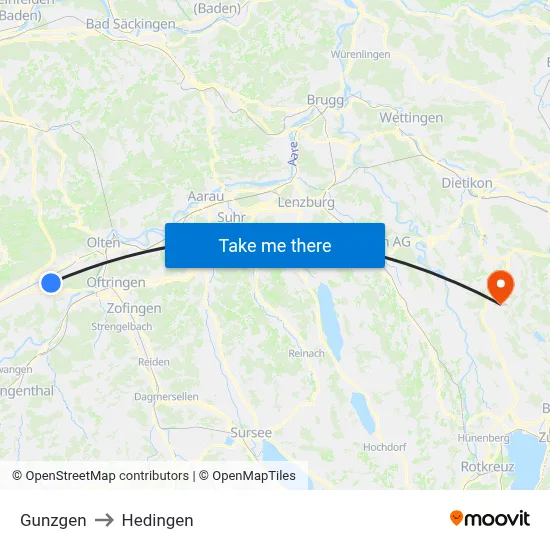 Gunzgen to Hedingen map