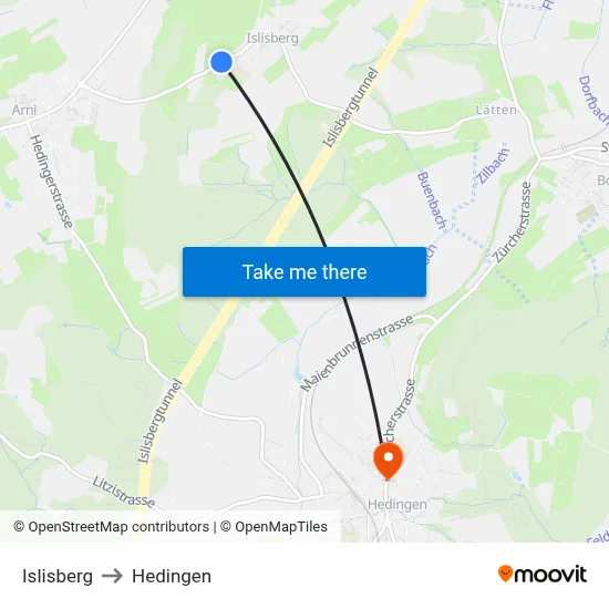 Islisberg to Hedingen map