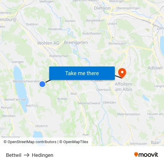 Bettwil to Hedingen map