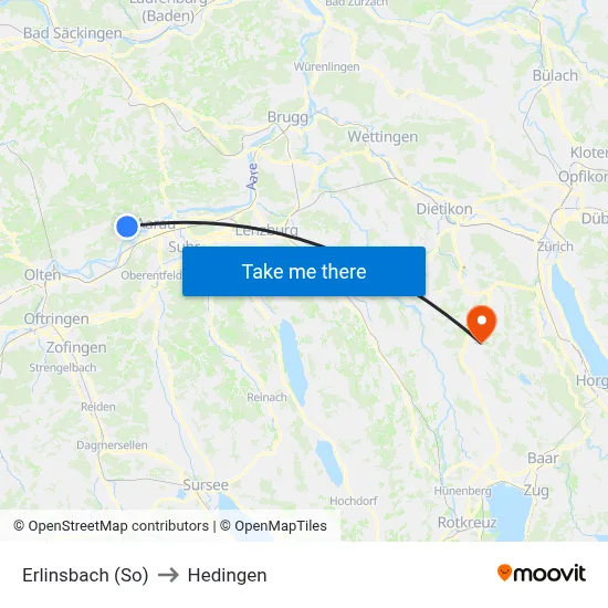 Erlinsbach (So) to Hedingen map