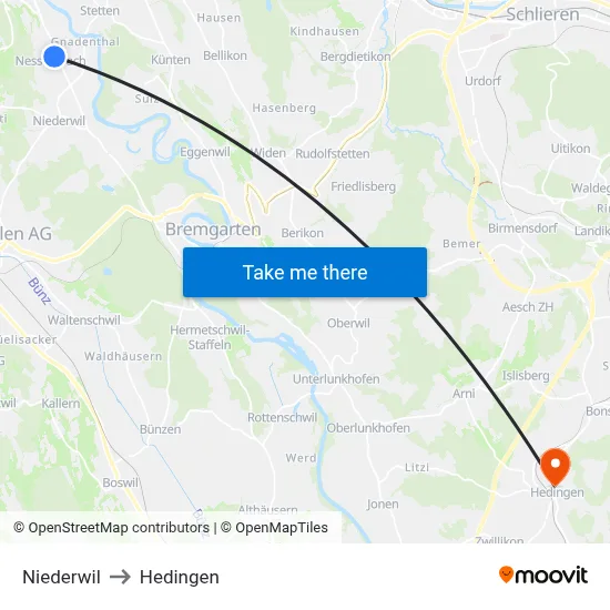 Niederwil to Hedingen map