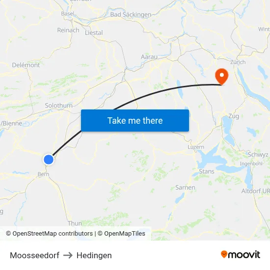 Moosseedorf to Hedingen map