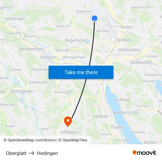Oberglatt to Hedingen map