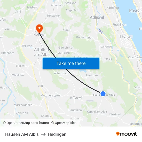 Hausen AM Albis to Hedingen map