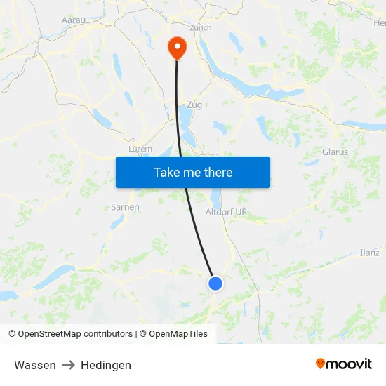 Wassen to Hedingen map