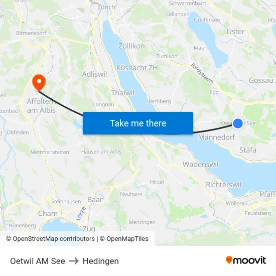 Oetwil AM See to Hedingen map