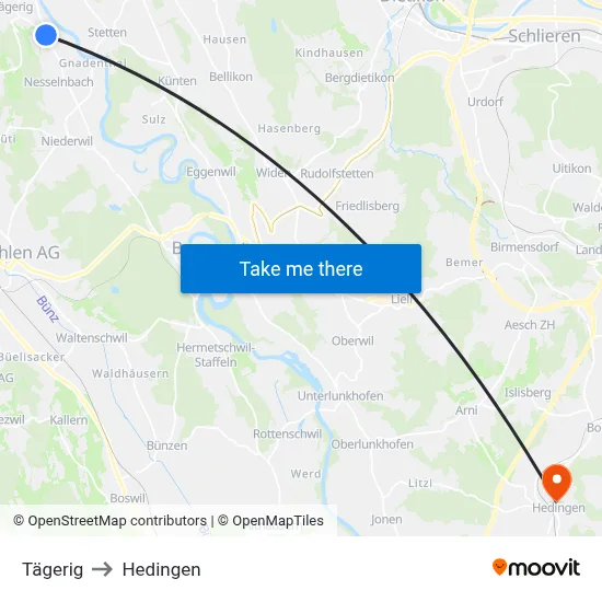 Tägerig to Hedingen map