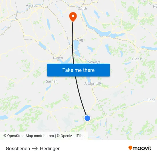 Göschenen to Hedingen map