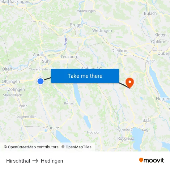 Hirschthal to Hedingen map