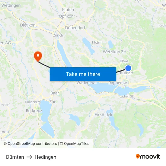 Dürnten to Hedingen map